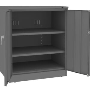 Gray metal cabinet with two open doors, revealing two adjustable shelves inside. The cabinet has a plain, industrial design with handles on both doors and a smooth finish.