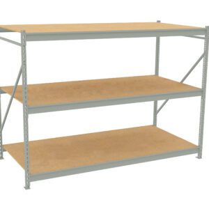 A large, freestanding metal shelving unit with three wooden shelves. The frame is gray and the unit is empty, designed for industrial or garage storage.