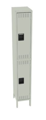 A tall, beige metal locker with two compartments, each featuring a black rectangular handle and ventilation slots. The locker stands on four legs and has a simple, functional design.
