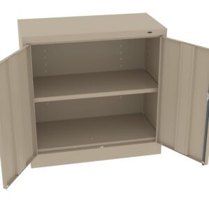 A beige, metal storage cabinet with two open doors revealing two shelves. The cabinet is empty, showing a simple and sturdy design suitable for organizing items.