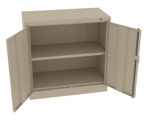 A beige, metal storage cabinet with two open doors revealing two shelves. The cabinet is empty, showing a simple and sturdy design suitable for organizing items.