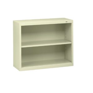 A beige, two-shelf bookcase with a simple and modern design. The bookcase has an open front and adjustable shelving, set against a plain white background.