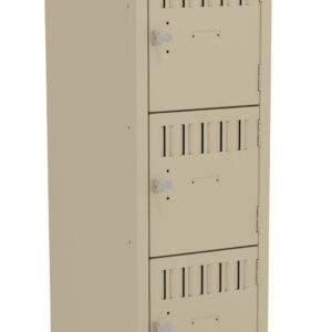 A beige metal locker with five compartments. Each compartment has a lock and vents. The bottom-most door is open, revealing the empty interior. The locker is photographed against a plain white background.
