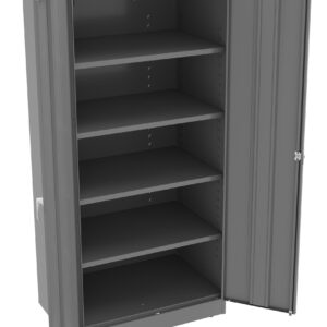 A gray metal storage cabinet with both doors open, revealing five empty shelves inside. The cabinet has a simple, industrial design.