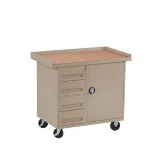 A beige metal rolling tool cabinet with a wooden top. It has three drawers on the left and a lockable door on the right. The cabinet is supported by four black caster wheels.
