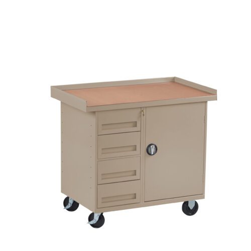 A beige metal rolling tool cabinet with a wooden top. It has three drawers on the left and a lockable door on the right. The cabinet is supported by four black caster wheels.