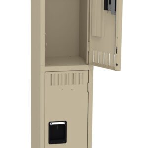 A beige metal locker stands upright with its top door open and bottom door closed. The open top section reveals an empty compartment. The locker has ventilation slots and a rectangular label holder on the closed bottom door.
