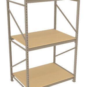 A beige and gray three-tier metal shelving unit with adjustable shelves is empty. The frame is constructed from perforated metal beams, supporting the shelves. The unit is isolated on a white background.