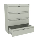 A light gray, four-drawer file cabinet with a modern design. The bottom drawer is open, showing its spacious interior for storage. The cabinet has a smooth finish and minimalist handles on each drawer.