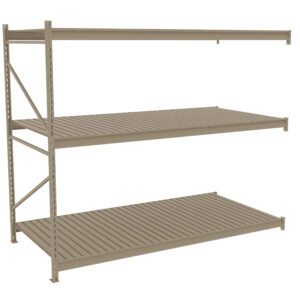 A beige, three-tier metal shelving unit with slatted shelves and a sturdy frame. Suitable for storage and organizing items, it features vertical supports on both sides. The shelves are evenly spaced.
