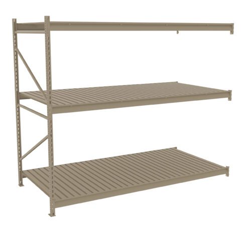 A beige, three-tier metal shelving unit with slatted shelves and a sturdy frame. Suitable for storage and organizing items, it features vertical supports on both sides. The shelves are evenly spaced.