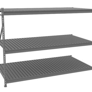 Three-tiered, gray metal shelving unit with slatted surfaces, shown in perspective view. The shelves are evenly spaced and supported by vertical metal beams with cross braces for stability.