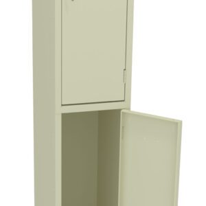 A beige metal locker with two compartments is shown. The top compartment door is closed, while the bottom door is open, revealing an empty space inside. The locker is freestanding on four legs.