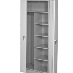 Tall, gray metal storage cabinet with two doors, one slightly open. Inside, the cabinet has multiple shelves on the right side and an open space with a hanging rod on the left. Two lockable handles are visible on the doors.
