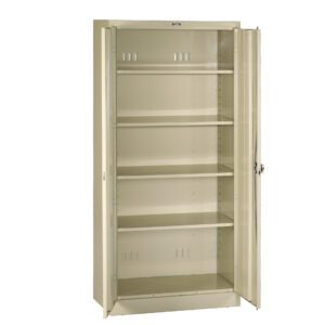A beige metal storage cabinet with open double doors, featuring five adjustable shelves. The cabinet is empty and set against a plain white background.