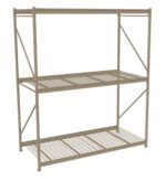 A beige metal storage shelf unit with three tiers. Each tier features a grated metal surface for support. The structure includes cross-bracing for stability, designed for industrial or garage use.