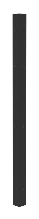 A tall, black, rectangular metal post with rounded edges and evenly spaced holes along its length, set against a white background.