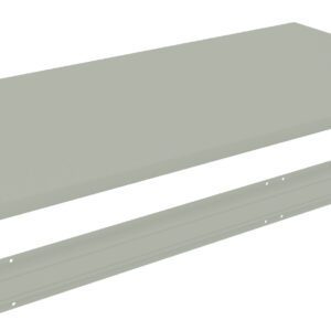 A 3D rendering of two light gray, rectangular metal shelf components. One is flat and wide, resembling a shelf board, and the other is a narrow side rail with holes for assembly. Both are shown against a white background.