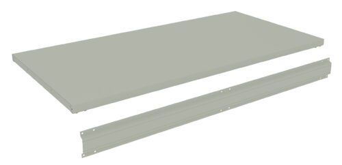 ikjzxfggbyzrrjjubuna.jpg A 3D rendering of two light gray, rectangular metal shelf components. One is flat and wide, resembling a shelf board, and the other is a narrow side rail with holes for assembly. Both are shown against a white background.