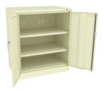 An empty beige metal cabinet with two open doors revealing three shelves inside.