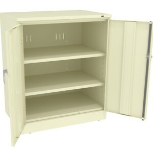 An empty beige metal cabinet with two open doors revealing three shelves inside.