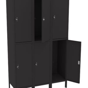 A black metal locker system with six compartments, arranged in two rows. Each compartment has a door, with two doors open, one on the top row and one on the bottom row, revealing empty interiors.