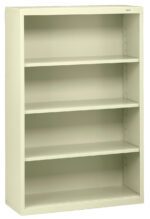 A simple, light-colored, four-shelf metal bookcase, empty and standing against a white background.