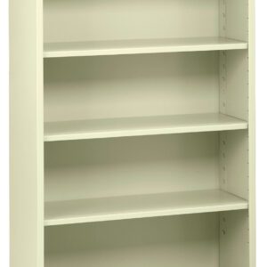 A simple, light-colored, four-shelf metal bookcase, empty and standing against a white background.