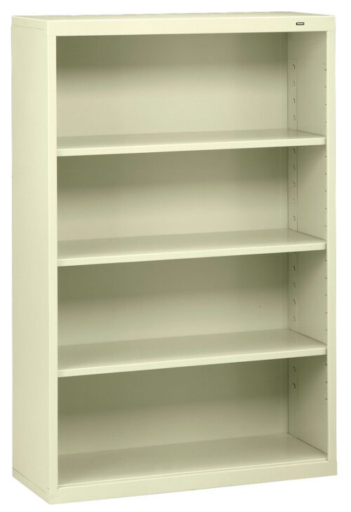 A simple, light-colored, four-shelf metal bookcase, empty and standing against a white background.
