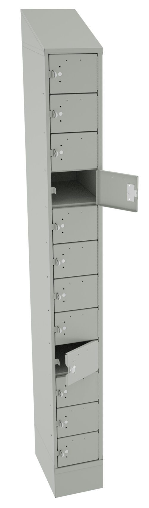 A tall, narrow gray locker with multiple compartments, each with a small lock. Several doors are open, showing empty interior spaces. The locker is slightly angled to the right.