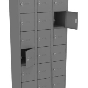 A gray metal locker unit with three vertical columns and multiple compartments, each secured with a key slot. Two compartments are open, revealing empty spaces inside. The locker is set against a plain white background.