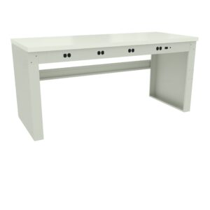 A white, minimalist desk with a smooth surface is shown. It features multiple circular cable management holes on the back panel. The desk has two sturdy side panels for support.