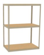 The Tennsco Q Line Shelving is a metal storage rack with three wooden shelves. Its gray-painted frame features perforated metal for adjustable shelving, offering a simple and functional design perfect for organizing items in a garage or storage room.