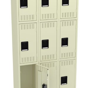 A beige nine-compartment locker unit with three rows and three columns is pictured. One locker door in the bottom row is open, showing an empty interior. Each locker has a black rectangular handle.