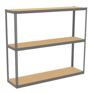 A metal-framed shelf with three wooden shelves, standing empty against a plain background. The shelves are evenly spaced and supported by a sturdy gray metal frame.