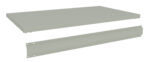 A light gray metal shelf panel and a matching support bracket are displayed on a white background. The shelf is flat and rectangular, while the bracket is elongated with holes for mounting.