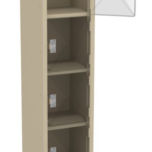 A tall, narrow beige locker with six compartments. The middle compartment door is open, showing interior space. Sturdy metal construction with visible hinges and latch mechanisms. Stands on four legs.