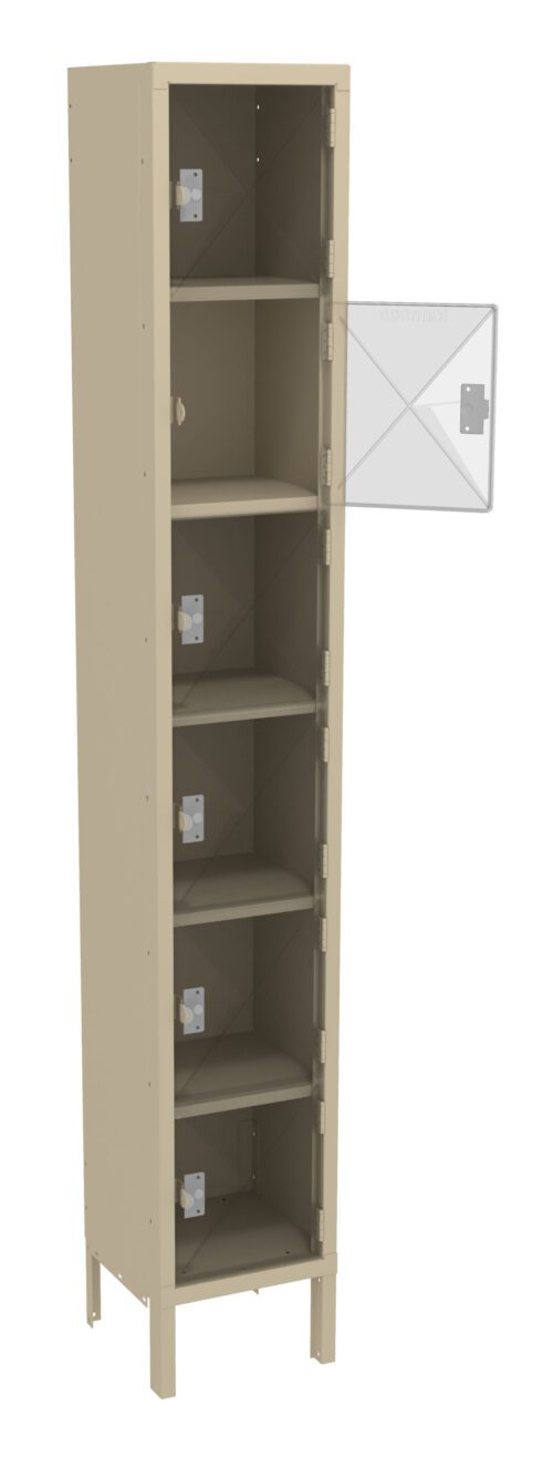 A tall, narrow beige locker with six compartments. The middle compartment door is open, showing interior space. Sturdy metal construction with visible hinges and latch mechanisms. Stands on four legs.