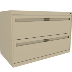 Two-drawer beige filing cabinet with sleek, modern design. The cabinet has a lock at the top center and horizontal handles on each drawer. Positioned at an angle, showing both drawers and the right side panel.