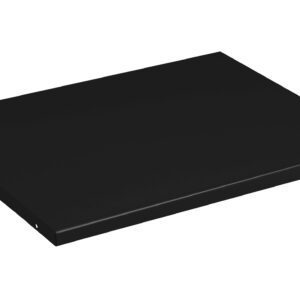 A flat, rectangular black shelf panel is shown against a white background. The shelf has a smooth surface and sharp edges, with two small holes visible on one side for mounting or attachment.
