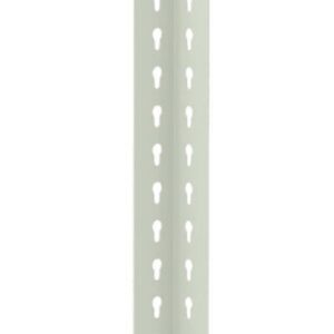 A tall, narrow metal angle with a light gray finish, featuring two rows of evenly spaced small triangular holes along its length.
