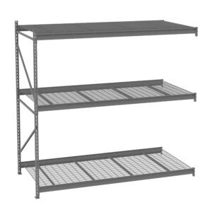 A metal storage shelf unit with three wire mesh shelves and a solid top shelf. The unit is freestanding and industrial in design, suitable for organizing or storing items in a warehouse or garage setting.
