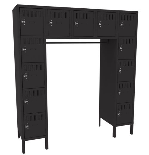 A black, U-shaped locker unit with multiple small compartments. It features vertical and horizontal rows of lockers, each with a ventilation pattern and a keyhole for locking. The structure is freestanding, with legs for support.