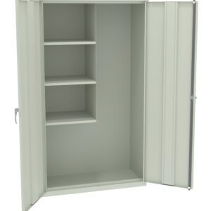 A tall, light gray metal storage cabinet with both doors open. Inside, there are three shelves on the left and a larger compartment on the right, providing ample space for various items. The cabinet has simple handles on each door.