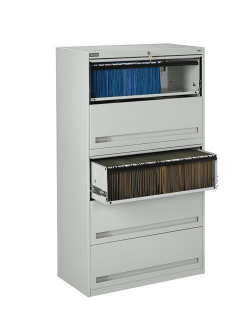 iutpajmmbjhgmfyjm9o3.jpg A tall, white filing cabinet with five drawers, two of which are open. The top open drawer contains blue folders, and the second open drawer contains brown folders. The remaining drawers are closed.