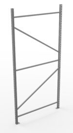 A tall, metal shelving frame with two vertical poles and diagonal cross-bracing, designed for warehouse storage. The frame is gray and stands against a plain white background.