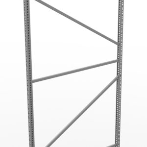 A tall, metal shelving frame with two vertical poles and diagonal cross-bracing, designed for warehouse storage. The frame is gray and stands against a plain white background.