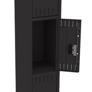 A tall, black metal storage locker with two compartments. The middle compartments door is open, revealing an empty interior. Each door has a rectangular handle. The locker stands on four short legs.