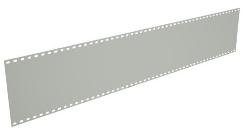 A long, rectangular piece of gray punched tape with evenly spaced holes along both edges, set against a white background.