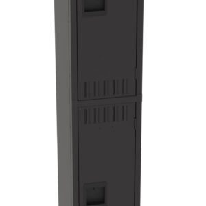 A grey metal locker with two doors stacked vertically, each featuring a rectangular handle and vent slits. The locker stands on four legs and has a sleek, industrial design.